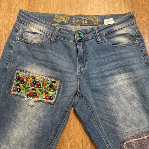 Desigual Ethnic Embroidered Jeans Boho Patchwork Denim Size 26 Hippie Zip Ankle - Picture 3 of 14